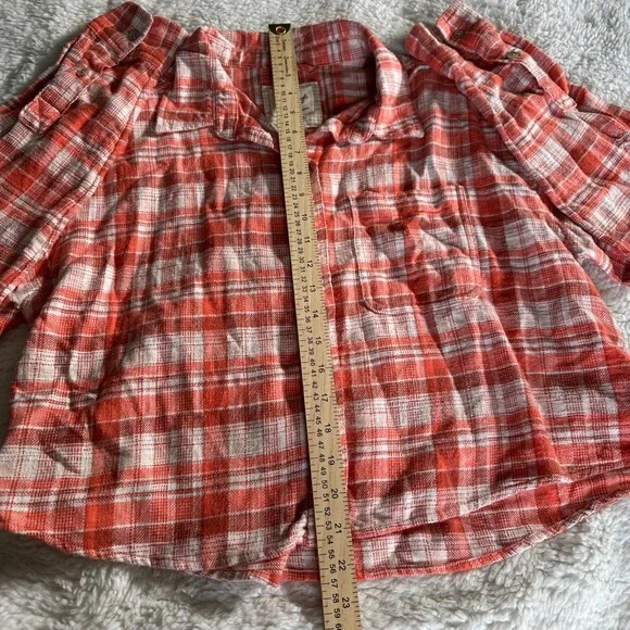 American Eagle Women's M Orange White Plaid Cropped Flannel Button Down Shirt - Picture 6 of 11